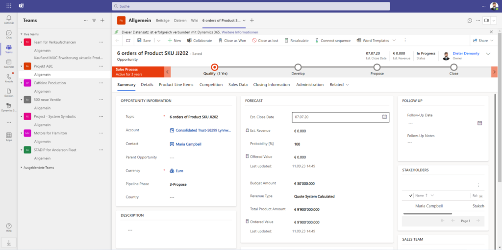 Dynamics 365 Connector für Microsoft Teams