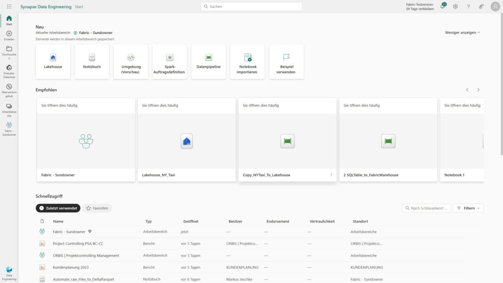 MS Fabric Oberfläche Data Engineer