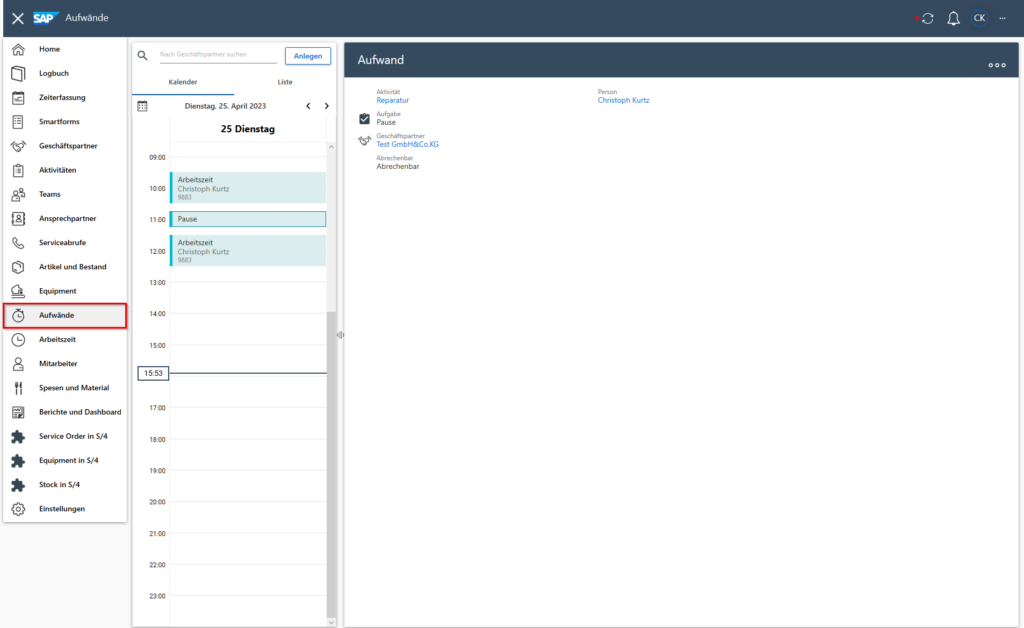 Darstellung der Aufwände in SAP Field Service Management Aufwände in SAP FSM