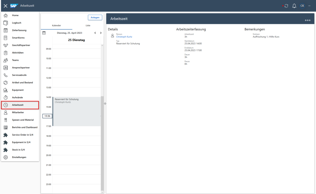 Darstellung der Arbeitszeiten in SAP Field Service Management Erfasste Arbeitszeiten in SAP FSM