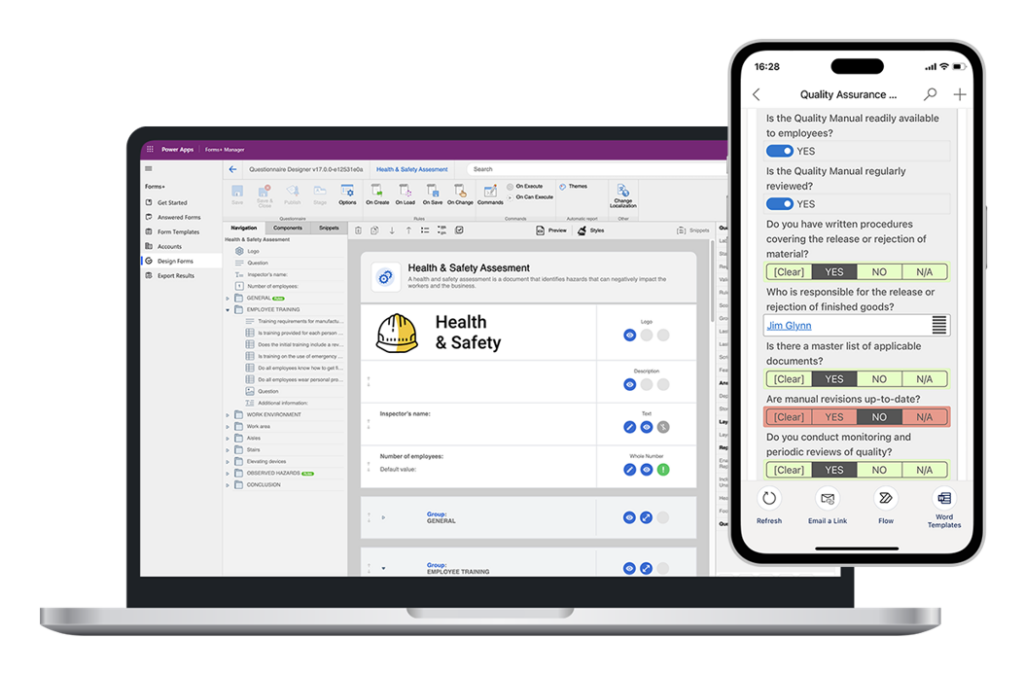 Resco Forms+ Editor im Webbrowser sowie Anwendung auf dem Handy Resco Forms+ Editor