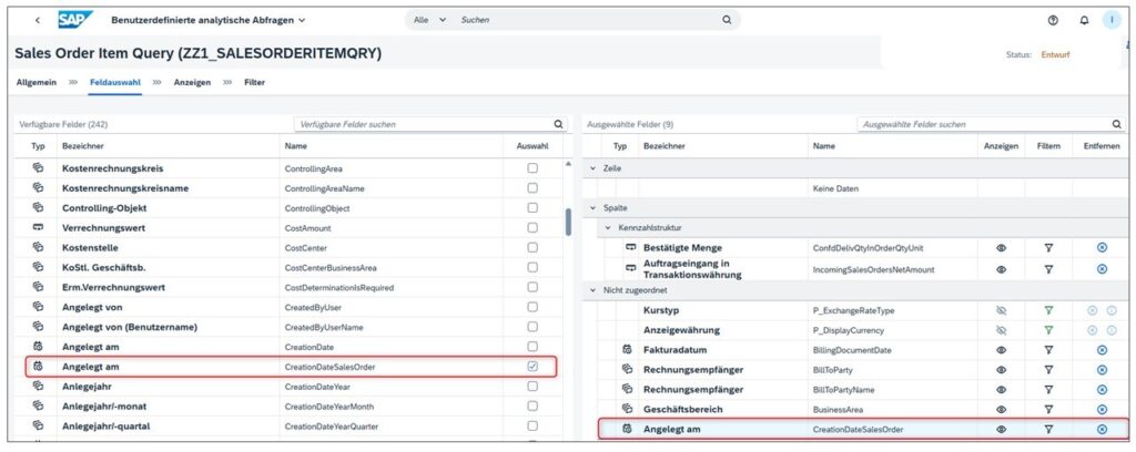 Benutzerdefinierte analytische Abfragen: Auswahl der Elemente, die im Analytischen Cube vorhanden sind Benutzerdefinierte analytische Abfragen