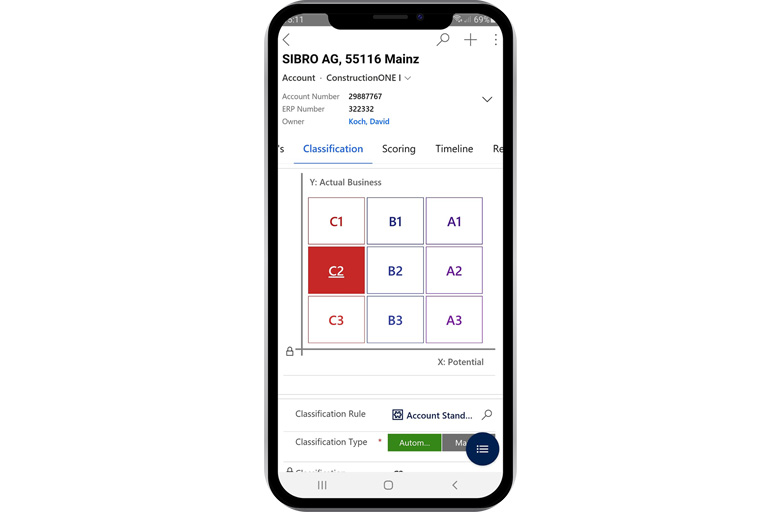 Screenshot from the CRM industry solution for the construction industry based on Dynamics 365 from Microsoft: Mobile display. Screenshot from ORBIS ConstructionONE: customized CRM for construction industry